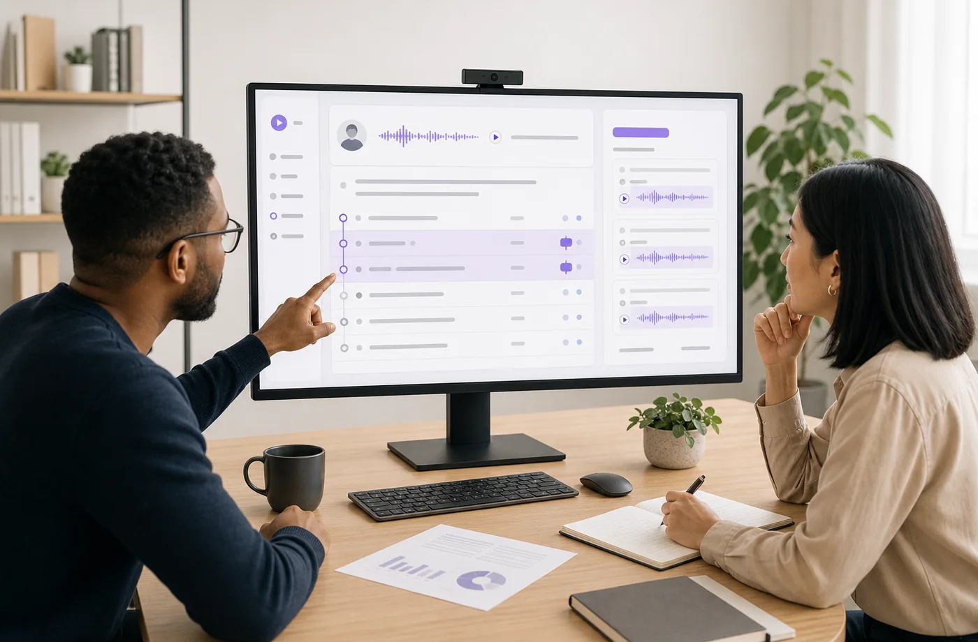 Interview transcript and recruiter notes on a screen