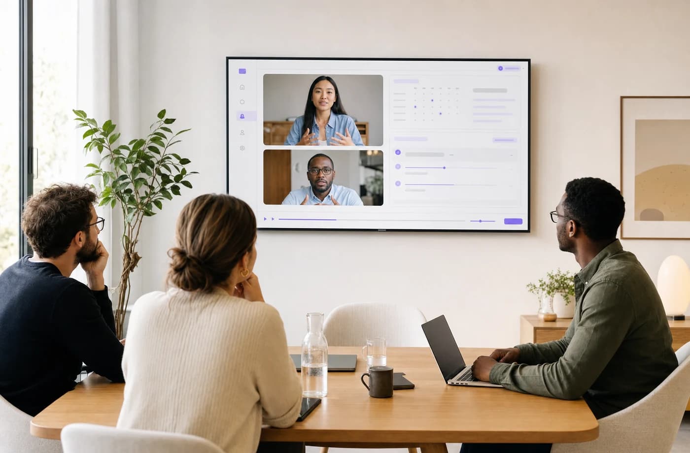 Hiring team reviewing an in-app video interview dashboard on a wall display
