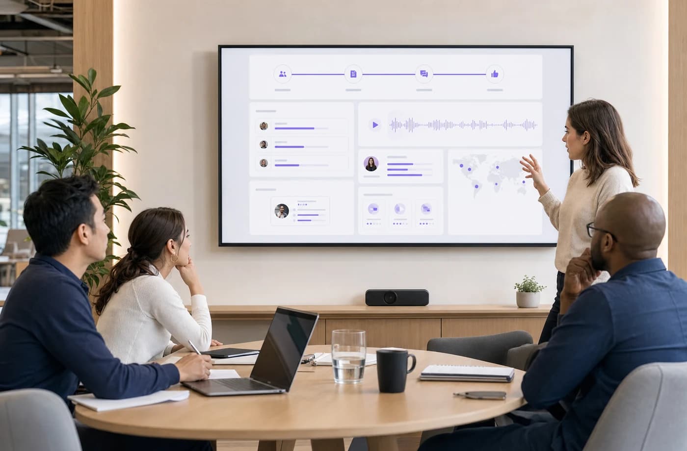 Hiring team reviewing an AI recruitment workflow dashboard in a modern office