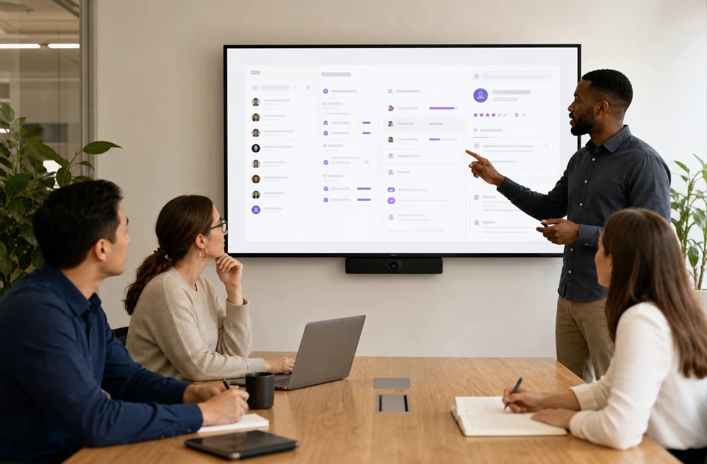 Hiring team reviewing a recruitment workflow on a large wall display