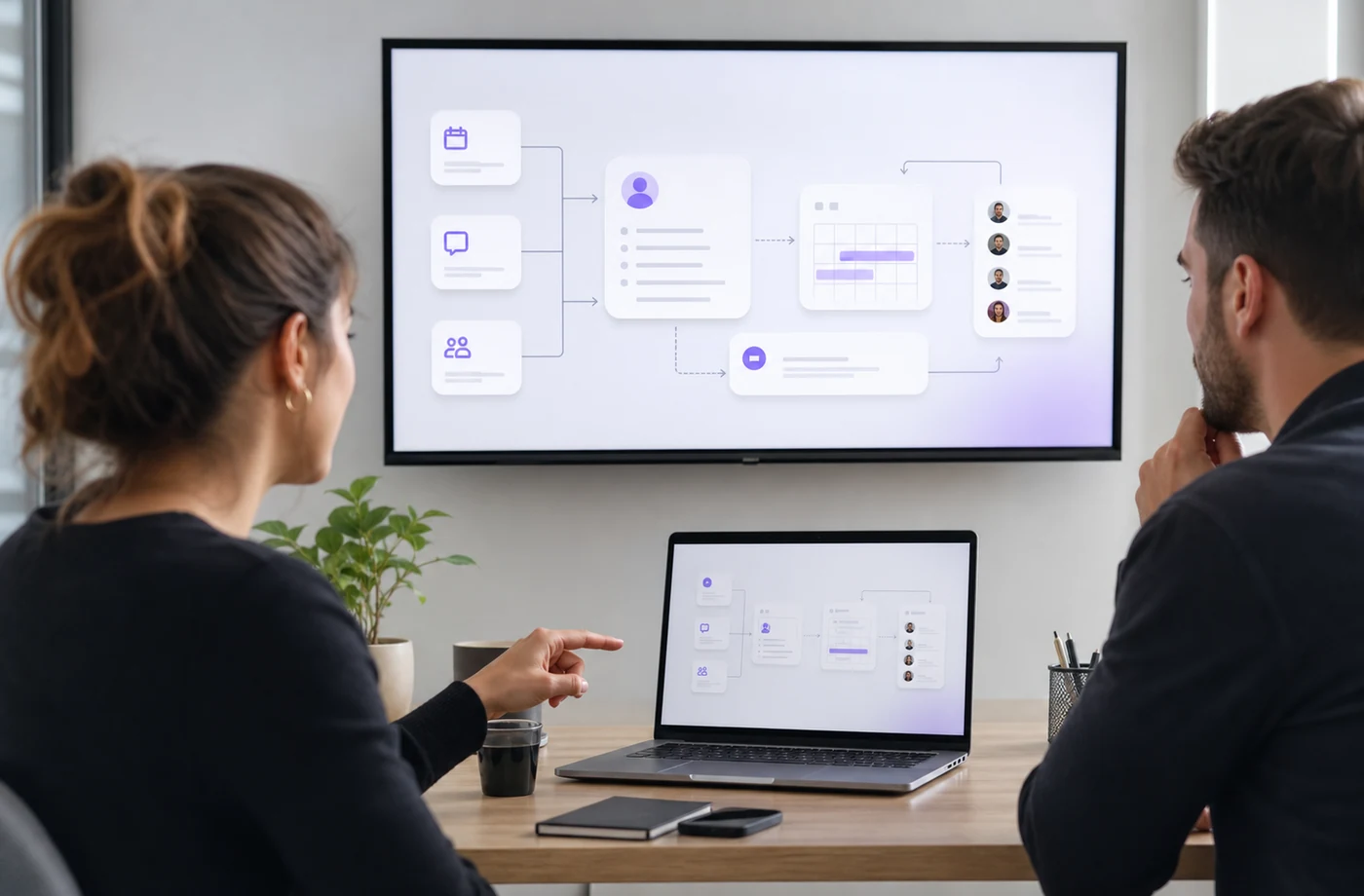 Team reviewing an abstract integration workflow on a wall display and laptop