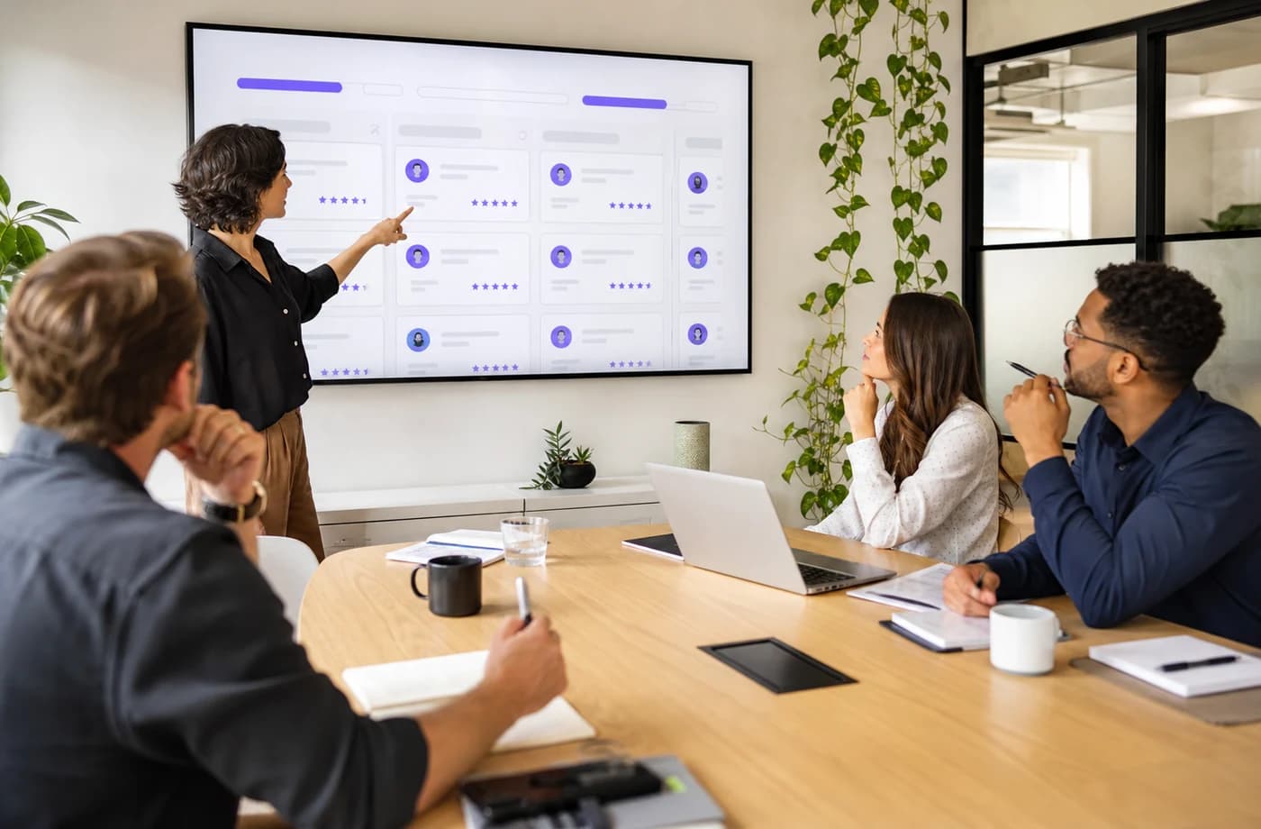 Hiring team discussing anonymized candidate cards on a wall display during a workshop