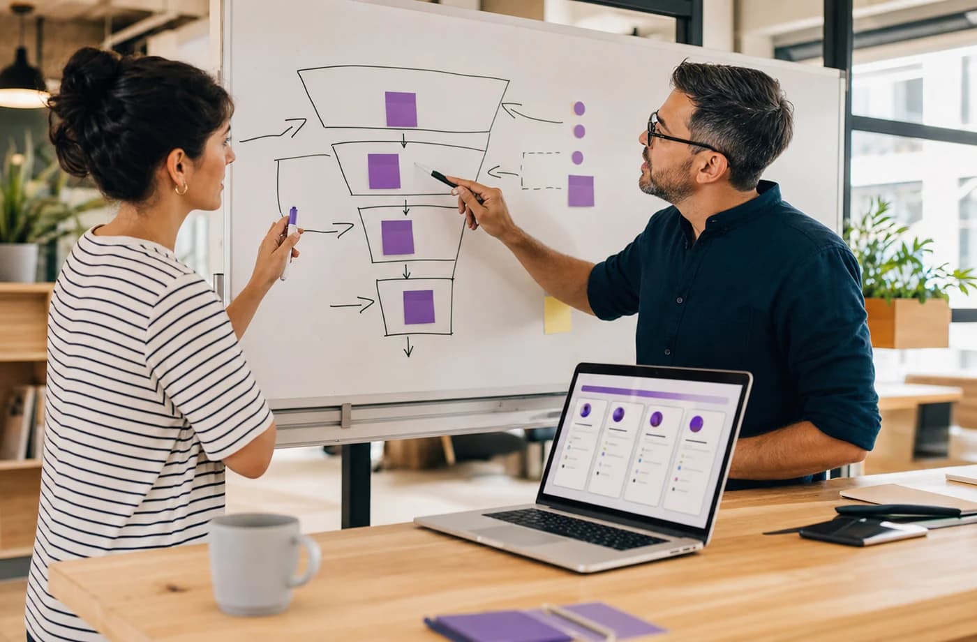 Recruiters mapping a candidate screening funnel beside an abstract dashboard