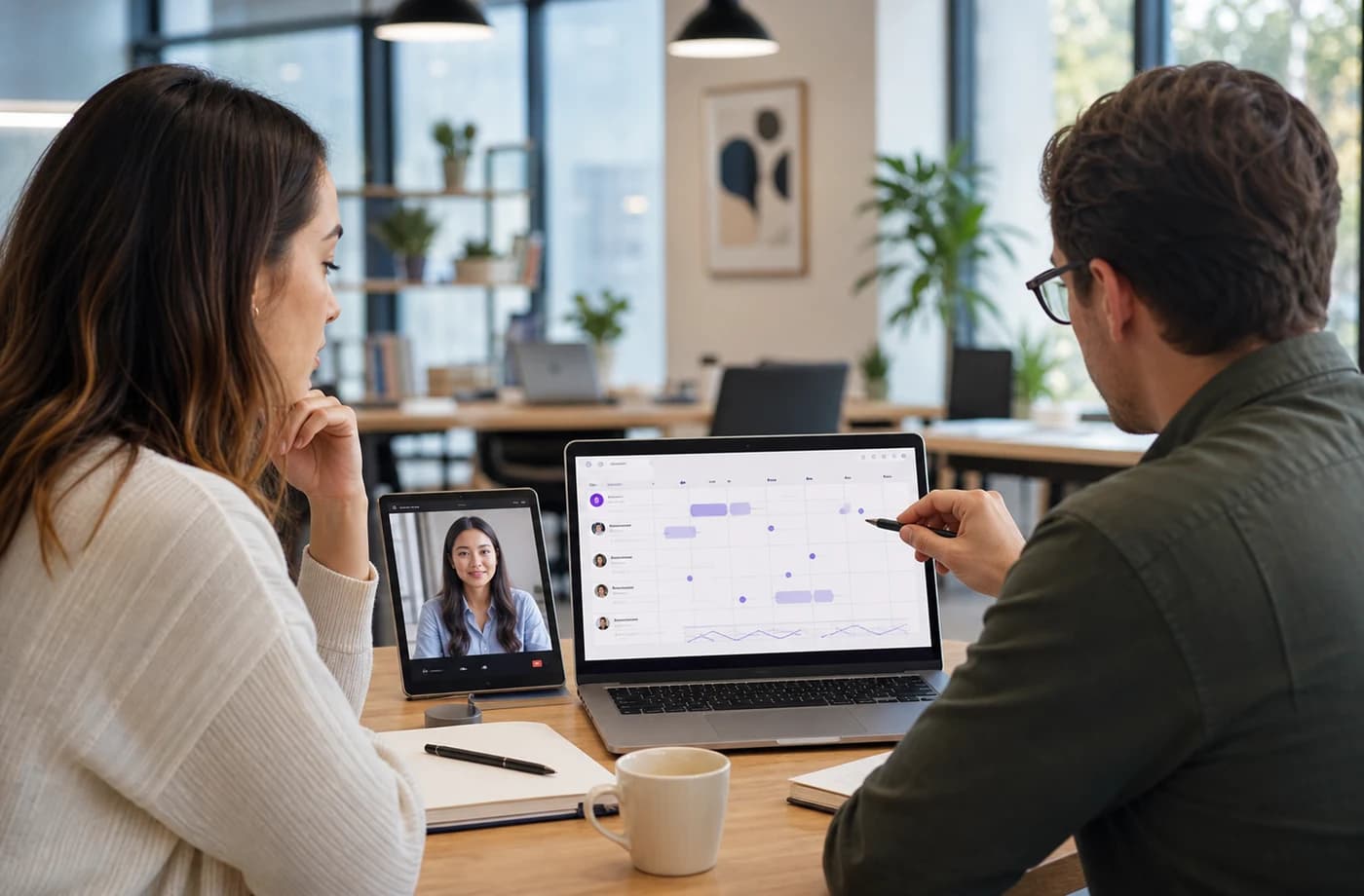 Recruiters reviewing an interview scheduling dashboard with a remote candidate visible on a tablet