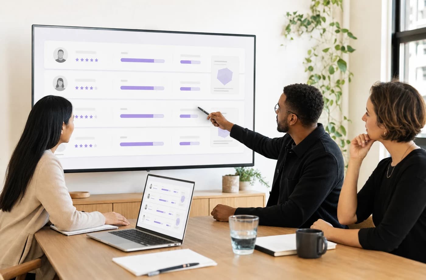 Hiring panel reviewing anonymized candidate scorecards on a wall display
